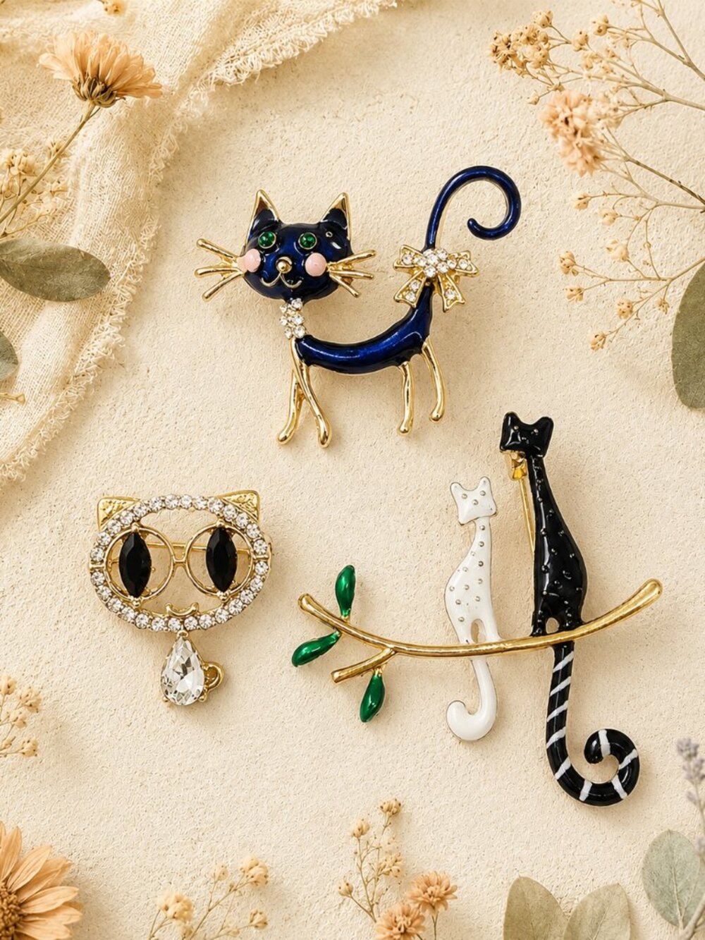 Whimsical Cat Brooch Set – Enamel and Rhinestone Statement Pins